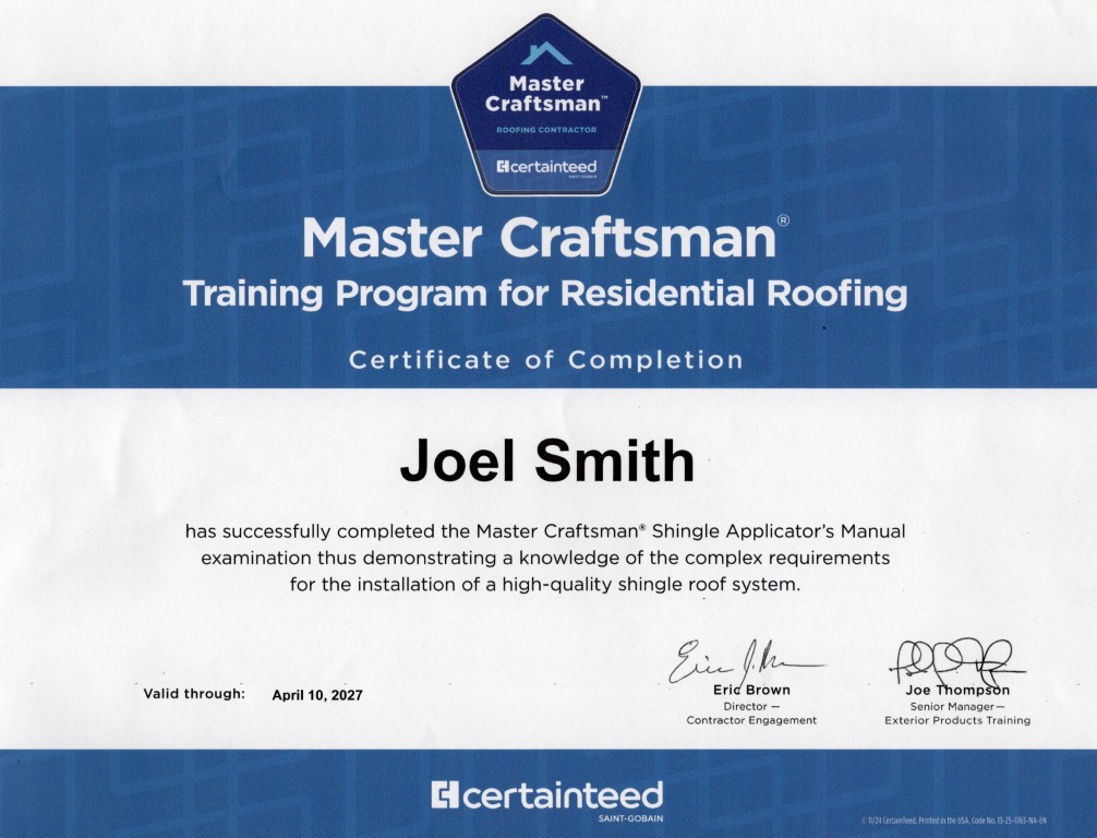 Joel Smith — CertainTeed ShingleMaster Certification
